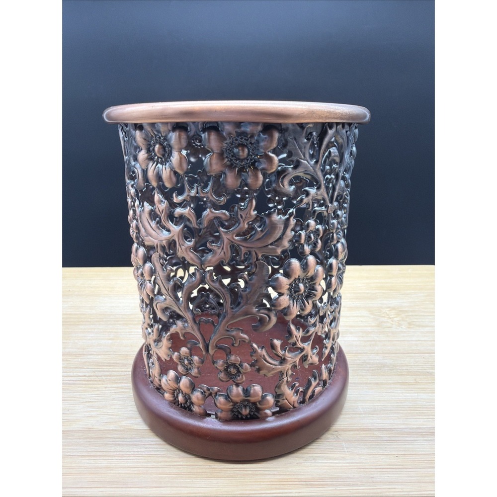 Copper Toned Ornate Candle Holder Pen Holder Wood Base 4.25" Tall
